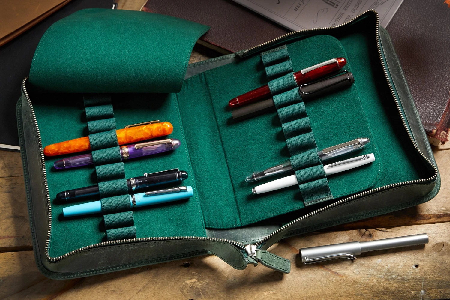 Galen Leather Zippered 40 Slot Pen Case - Crazy Horse Forest Green 8 Galen Leather Zippered 40 Slot Pen Case - Crazy Horse Forest Green - Image 8